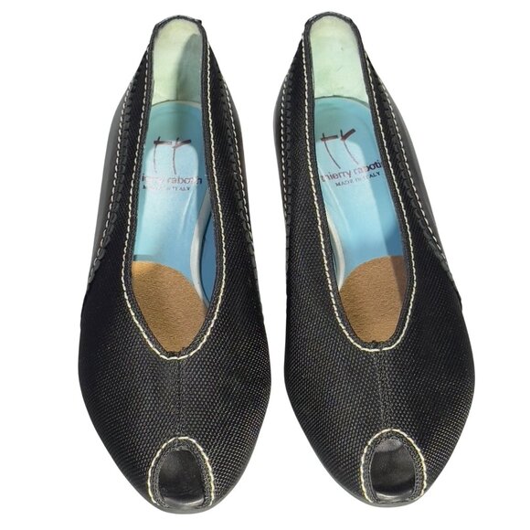 Thierry Rabotin Womens Black Peep-Toe Wedges Italian-Made Leather Fabric Size 38 - Picture 9 of 9